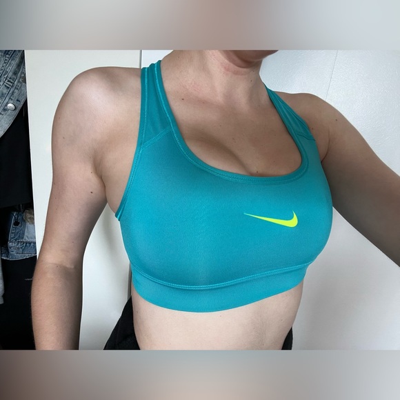 RARE NIKE SPORTS BRA TEAL W NEON GREEN SWOOSH - Picture 2 of 6